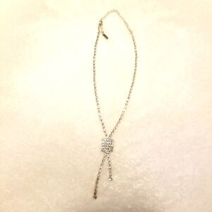 Rhinestone Silver Tone 17" Necklace Rectangle of Rhinestones with Tassels